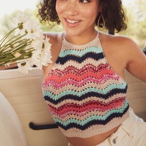 Hollister Crochet Halter Crop Top Multicolour Boho Hippie Beachy